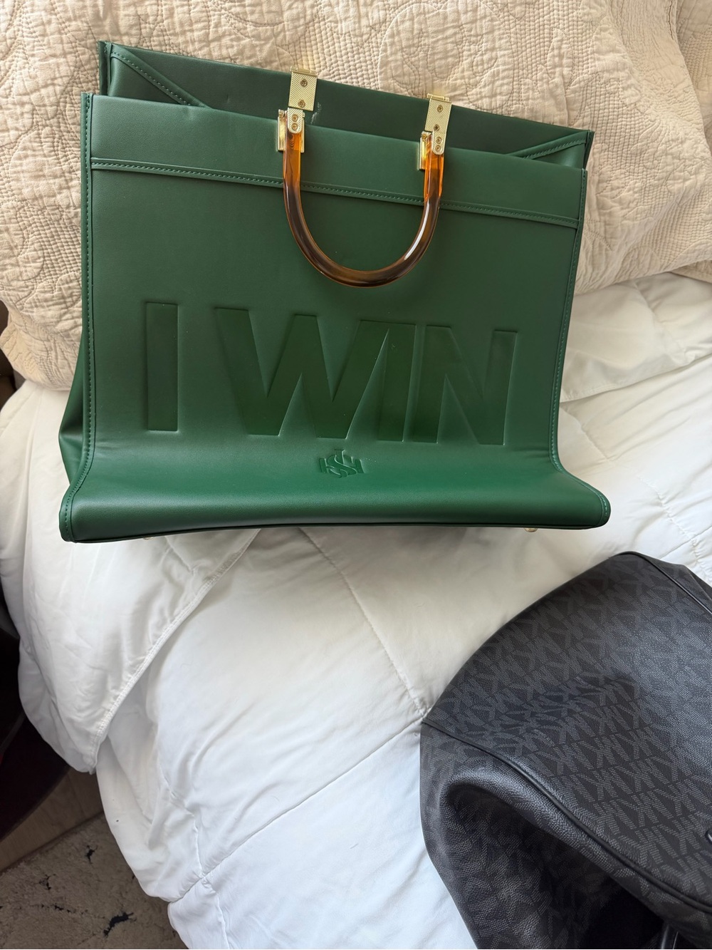 Embossed Green Tote Bag with Tortoiseshell Handles